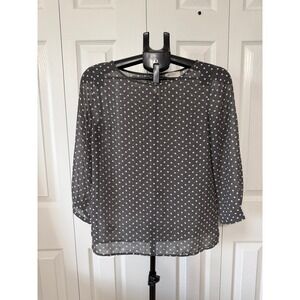 LOFT Womens XS Grey White Polka Dot Chiffon Blouse 3/4 Sleeve Boat Neck Top